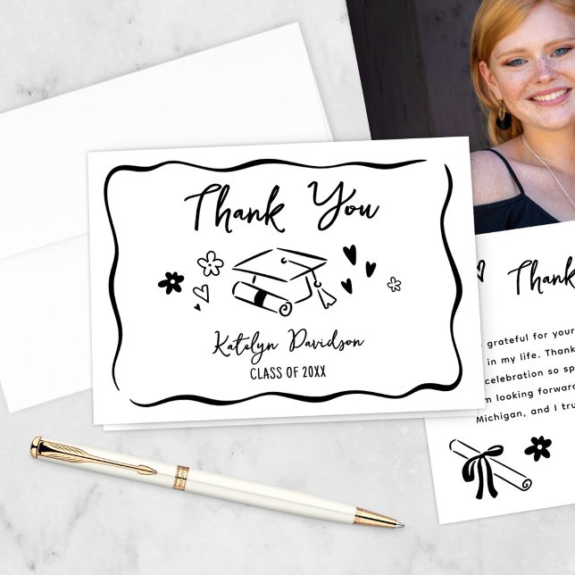 Graduation Photo and Doodle Icons Thank You Card (Creator Uploaded)