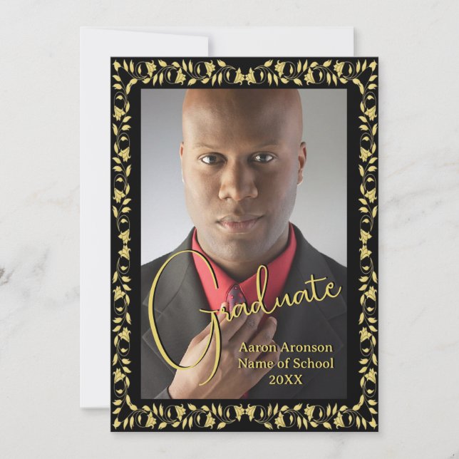Graduation Photo Announcement Black and Gold Ivy (Front)