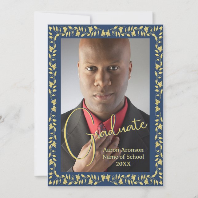 Graduation Photo Announcement Blue and Gold Ivy (Front)