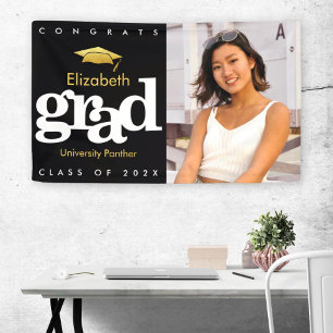Graduation photo black gold cap simple bold modern banner