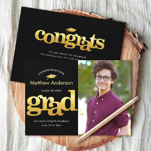 Graduation photo black gold modern bold graphic announcement