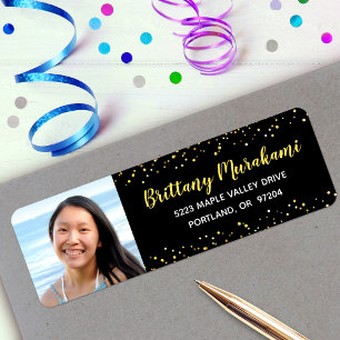 Graduation photo black gold script glitter address