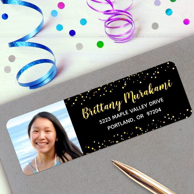 Graduation photo black gold script glitter address (Creator Uploaded)