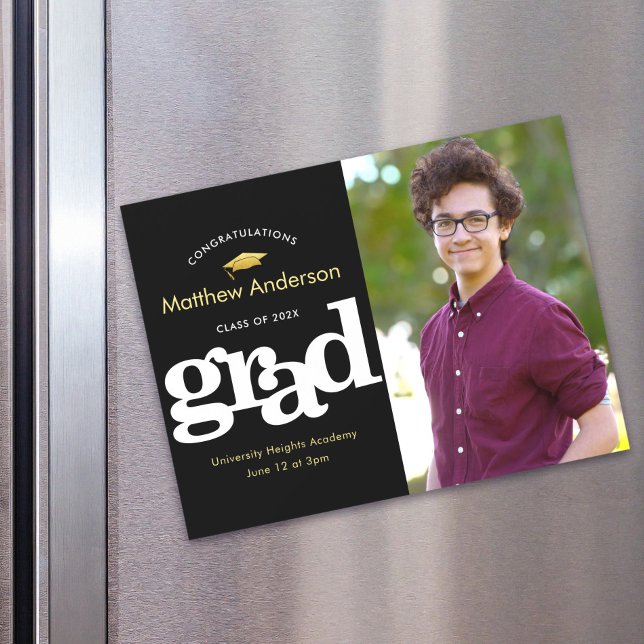 Graduation Photo Black Gold Typography Bold Modern Magnetic Invitation (Creator Uploaded)