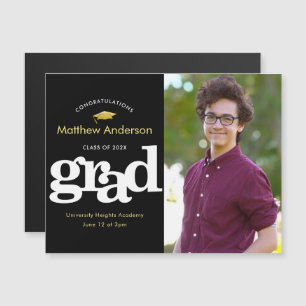 Graduation Photo Black Gold Typography Bold Modern Magnetic Invitation