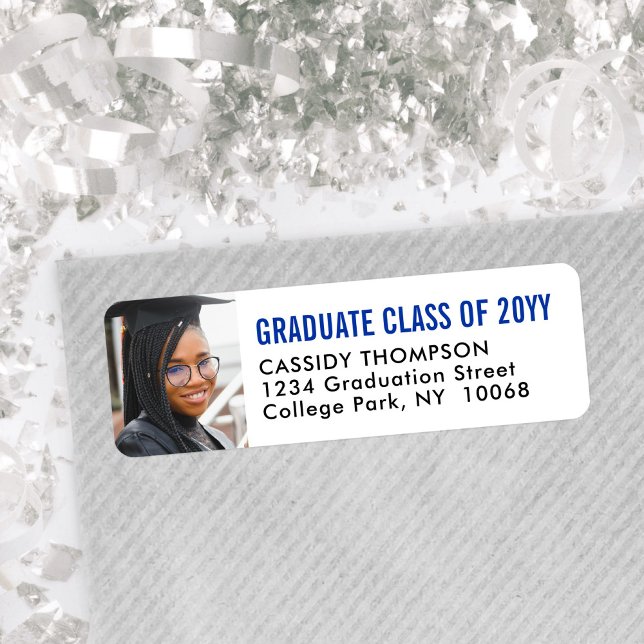 Graduation Photo Blue White Black Return Address (Creator Uploaded)