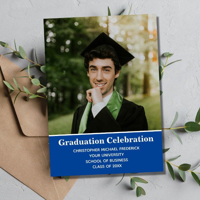 Graduation Photo Blue White College Graduation  Invitation (Creator Uploaded)