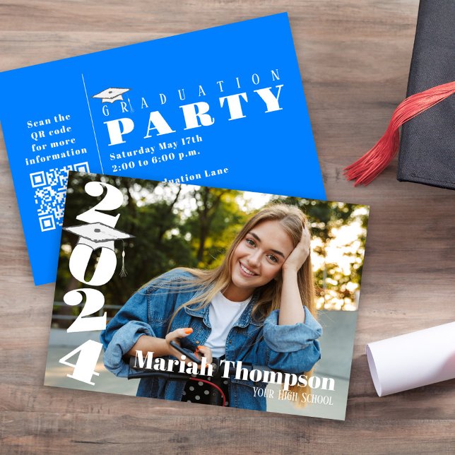 Graduation Photo Bright Blue Class Of 2023 QR Invitation (A full bleed photo template on the front. )
