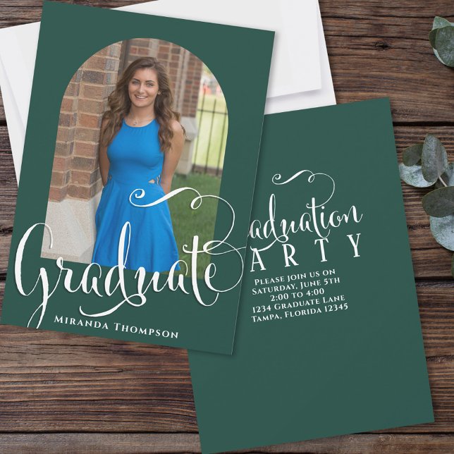 Graduation Photo Calligraphy Script Dark Green Invitation (Creator Uploaded)