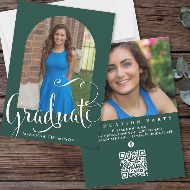 Graduation Photo Calligraphy Script Dark Green Invitation (Creator Uploaded)