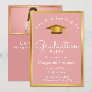 Graduation photo chic simple modern pink  invitation