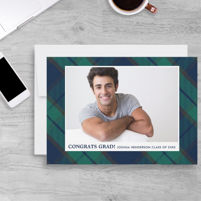 Graduation Photo Classic Black Watch Plaid Party Invitation (Creator Uploaded)