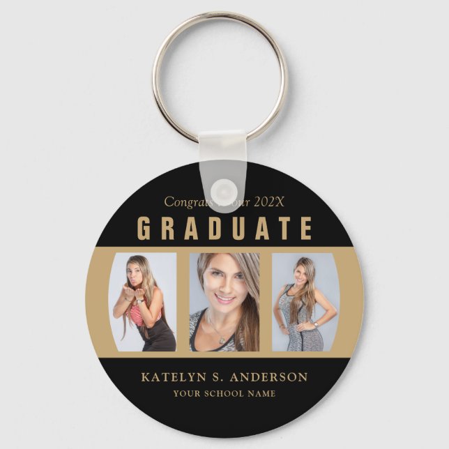 Graduation Photo Collage Black and Gold Custom Key Ring (Front)