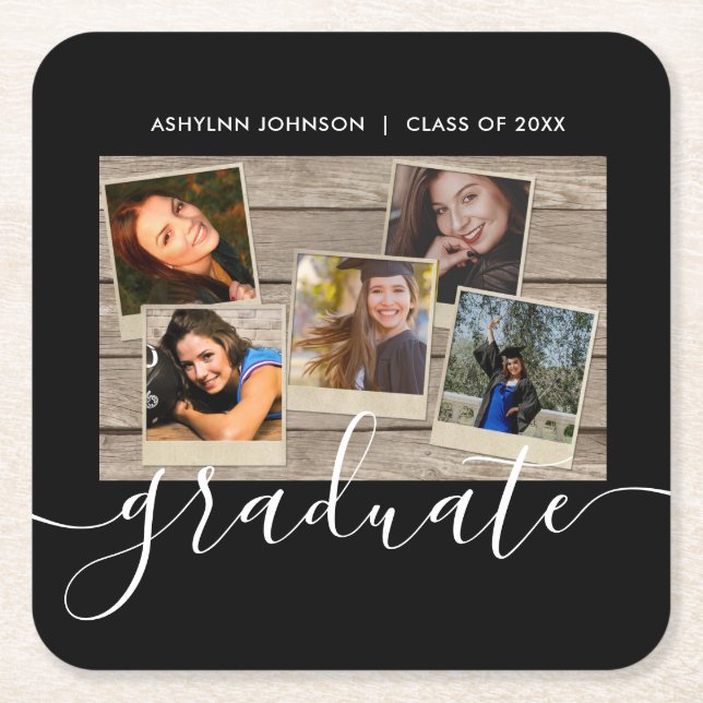 Graduation Photo Collage Black Congrats Custom Square Paper Coaster (Front)