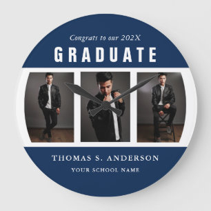 Graduation Photo Collage Blue and White Custom Large Clock