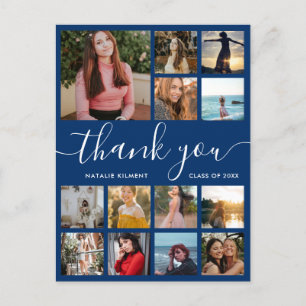 Graduation Photo Collage Blue Thank You Postcard