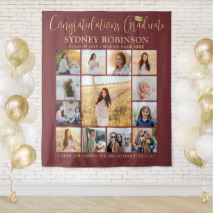 Graduation Photo Collage Burgundy & Gold Backdrop Tapestry