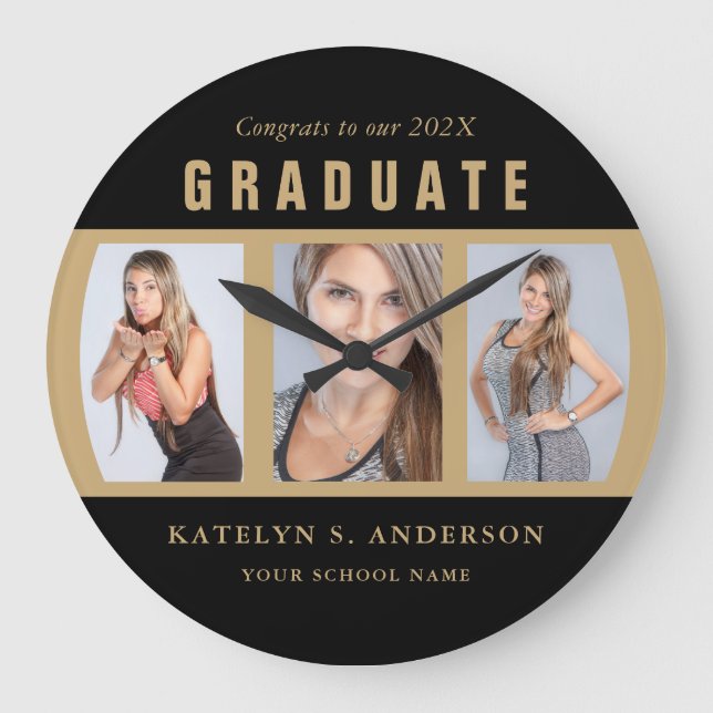 Graduation Photo Collage Congratulations Black and Large Clock (Front)
