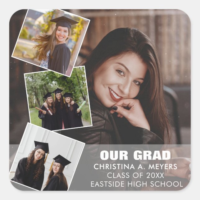 Graduation Photo Collage|Four Photos Custom Square Sticker (Front)