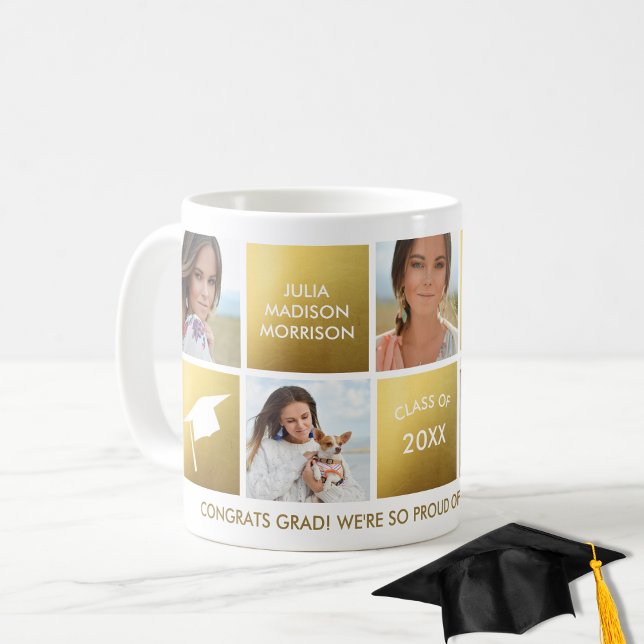 Graduation Photo Collage Gold Class of 20XX Custom Coffee Mug (Creator Uploaded)