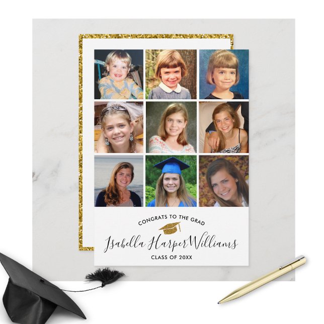 Graduation Photo Collage Gold Glitter Grad Party Invitation (Creator Uploaded)