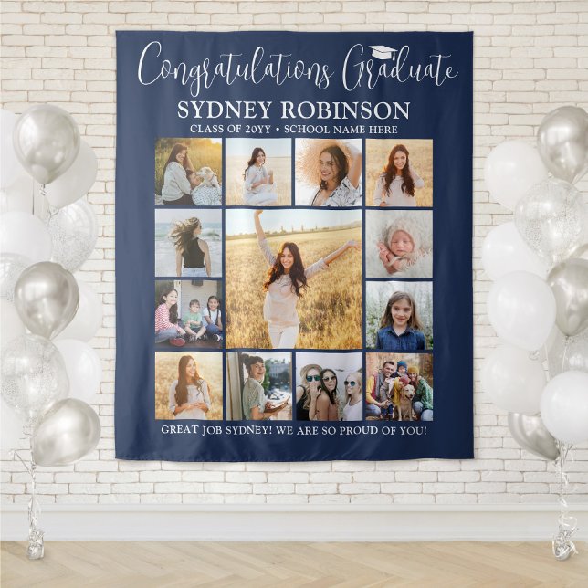 Graduation Photo Collage Large Navy Blue Backdrop Tapestry (Creator Uploaded)