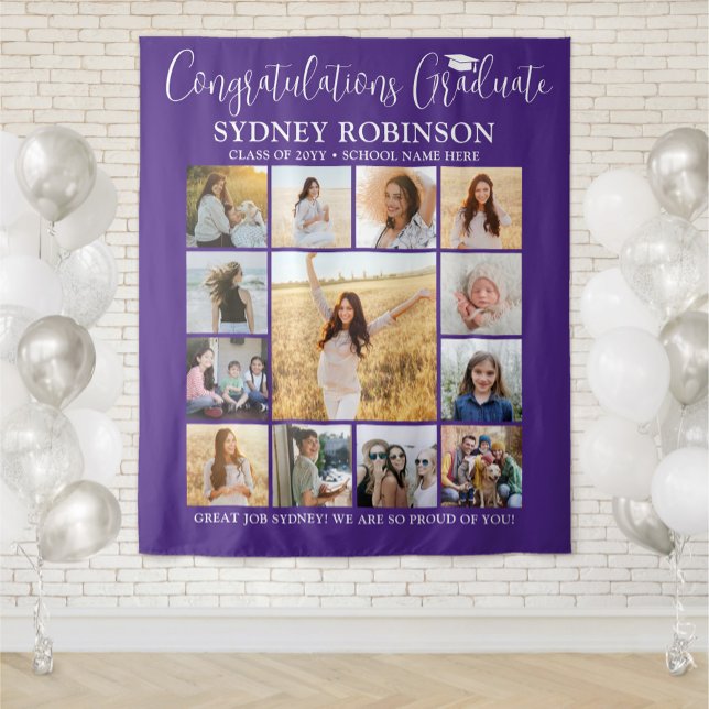 Graduation Photo Collage Large Purple Backdrop Tapestry (Creator Uploaded)