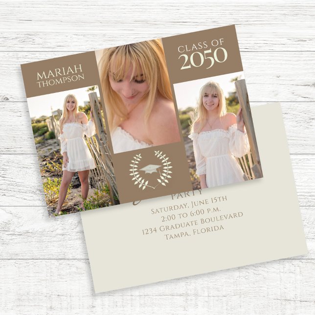 Graduation Photo Collage Modern Party  Invitation (Modern graduation photo collage invitation with three senior photos and elegant typography.)