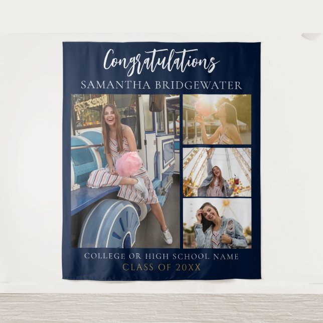 Graduation Photo Collage Navy Blue 2025 Backdrop Tapestry (Front)