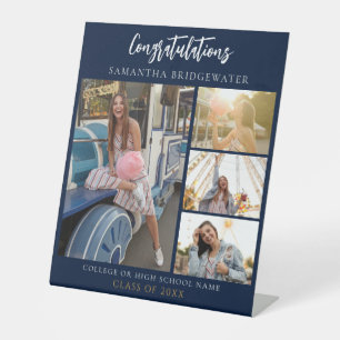 Graduation Photo Collage Navy Blue 2026 Pedestal Sign