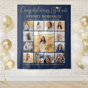 Graduation Photo Collage Navy Blue & Gold Backdrop Tapestry
