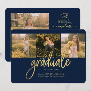 Graduation Photo Collage Navy Blue Script 2024 Announcement