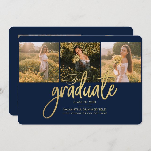 Graduation Photo Collage Navy Blue Script 2024 Announcement (Front/Back)