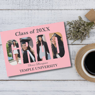 Graduation Photo Collage Pink Grey Trendy Modern Invitation