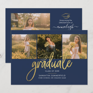 Graduation Photo Collage Script Navy Blue Gold Announcement