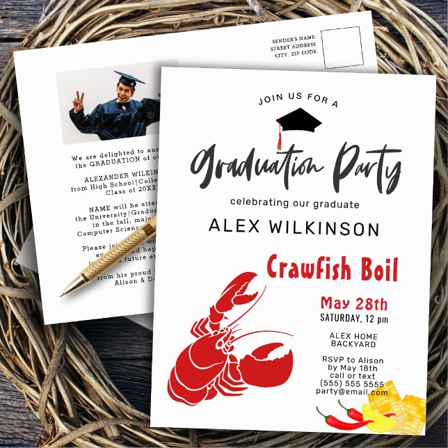 Graduation Photo Crawfish Boil Party Invitation  Postcard (Creator Uploaded)