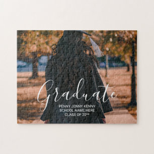 Graduation photo custom modern stylish script jigsaw puzzle