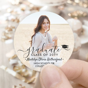 Graduation Photo & Elegant Black Script Class Year Classic Round Sticker