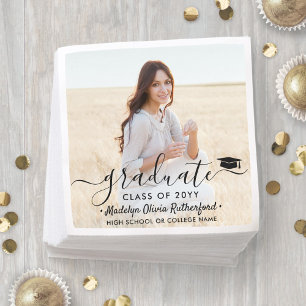 Graduation Photo & Elegant Black Script Class Year Napkin
