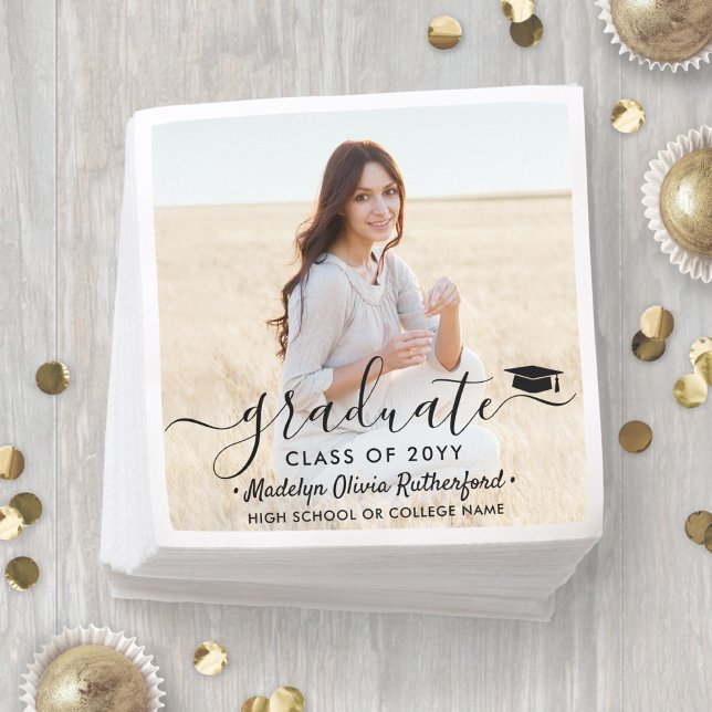 Graduation Photo & Elegant Black Script Class Year Napkin (Creator Uploaded)