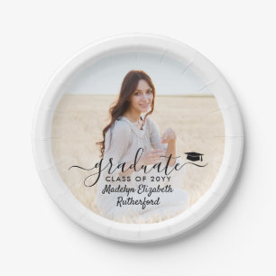 Graduation Photo & Elegant Black Script Class Year Paper Plate