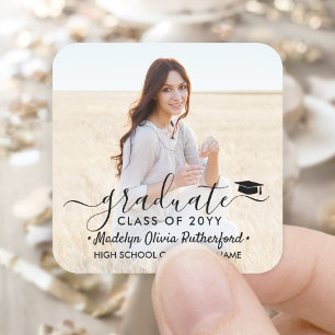 Graduation Photo & Elegant Black Script Class Year Square Sticker