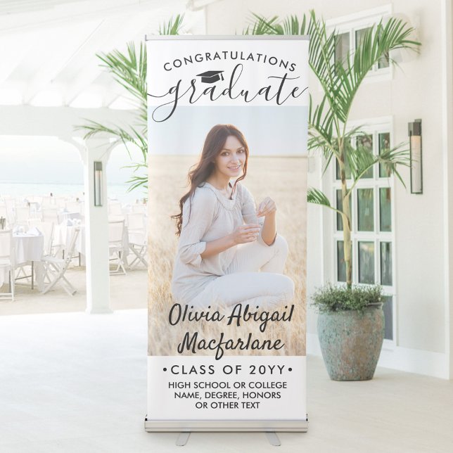 Graduation Photo & Elegant Black Script Vertical Retractable Banner (Creator Uploaded)