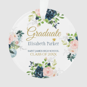 Graduation   PHOTO Elegant floral blue and gold Ornament