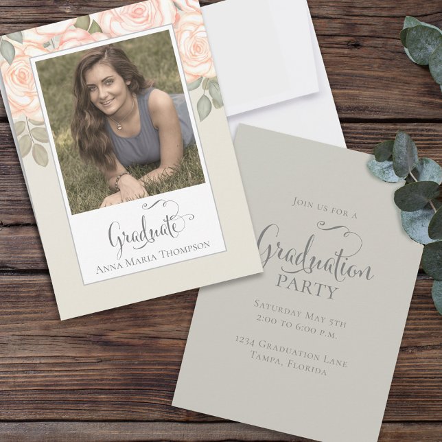 Graduation Photo Elegant Minimalist Floral Sage Invitation (Creator Uploaded)