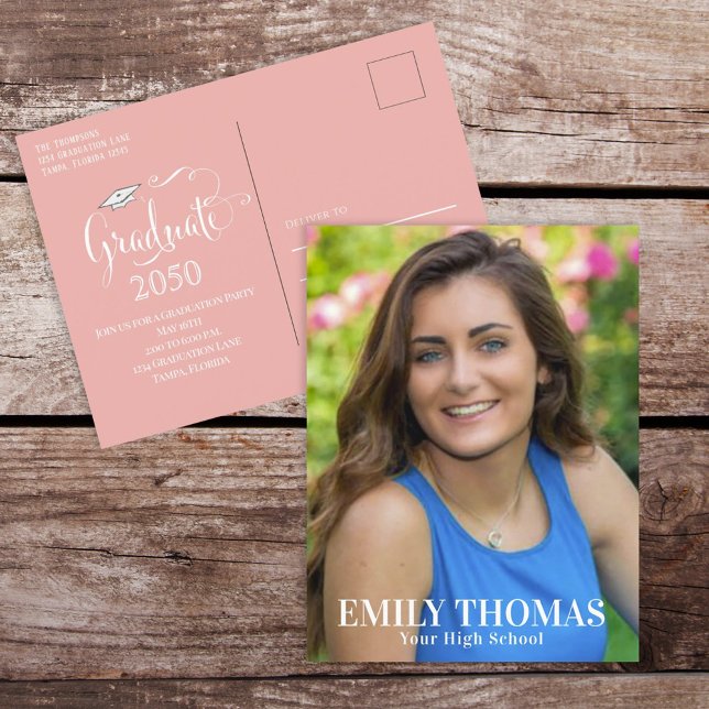 Graduation Photo Elegant Minimalist Script Peach Postcard (Creator Uploaded)