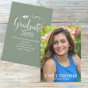 Graduation Photo Elegant Minimalist Script Sage Invitation