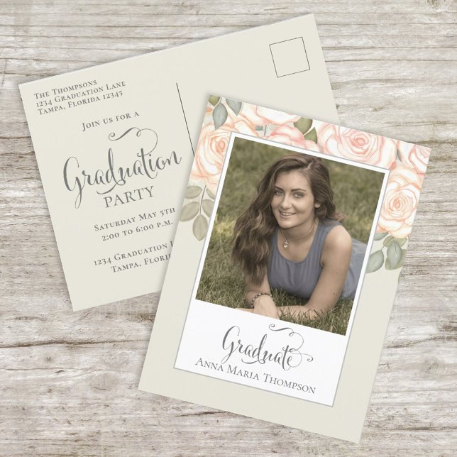 Graduation Photo Elegant Minimalist Script Sage  Postcard (Creator Uploaded)