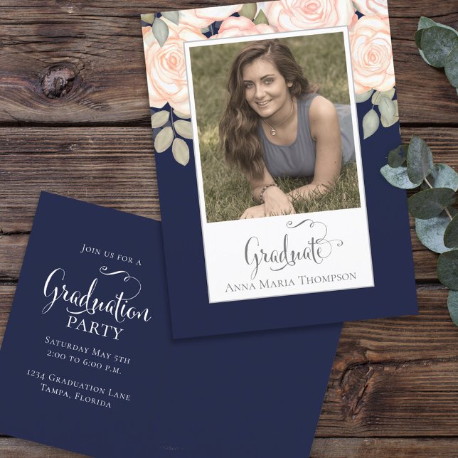 Graduation Photo Elegant Modern Floral Navy Blue  Postcard (Creator Uploaded)