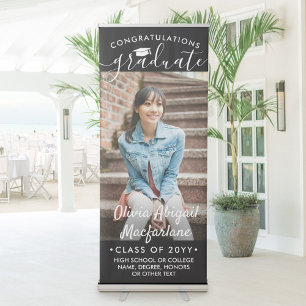 Graduation Photo & Elegant Script Black Vertical Retractable Banner